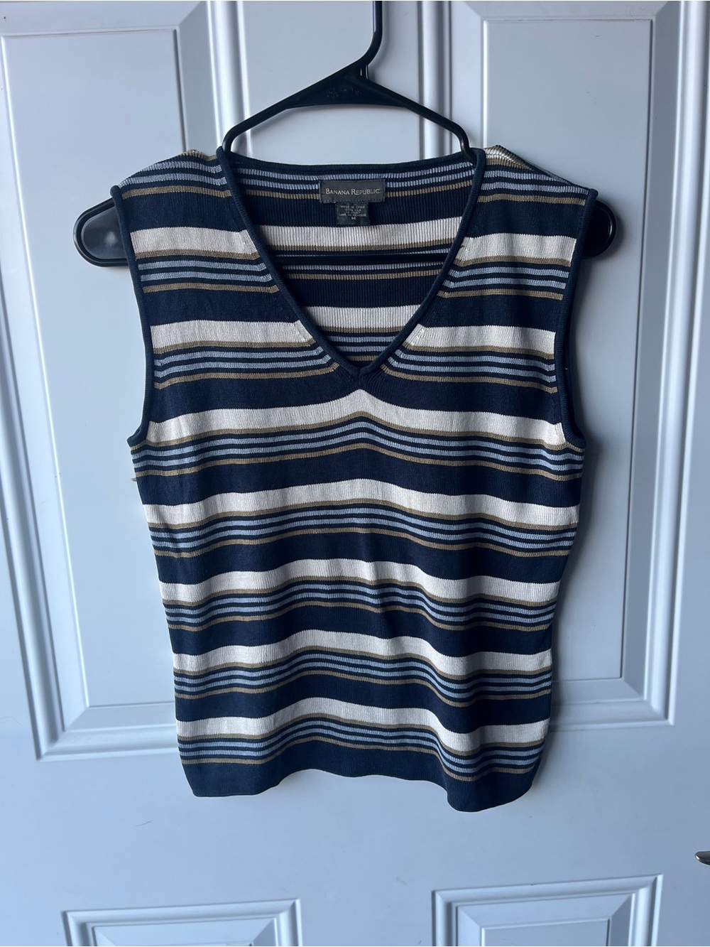 Banana Republic 100% Silk Navy, Cream and Tan Striped V-Neck Tank